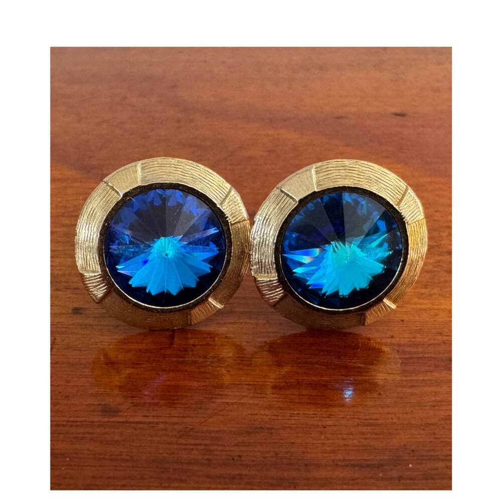 Anson Signed Blue Rivoli Crystal Gold Tone Cufflinks Vintage - Picture 11 of 11